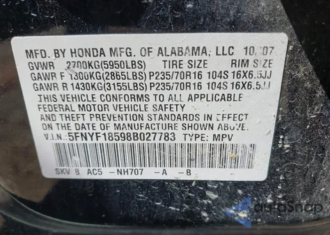 2008 Honda Pilot Ex-L z USA, uszkodzony, nr VIN 5FNYF18598B027783